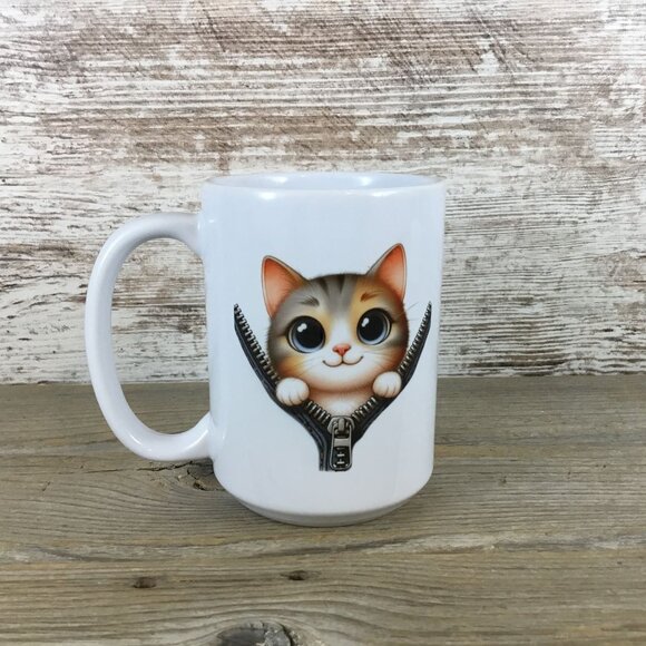 Cat Peeking from Zipper Design 15 oz Ceramic Coffee Mug - Picture 1 of 3